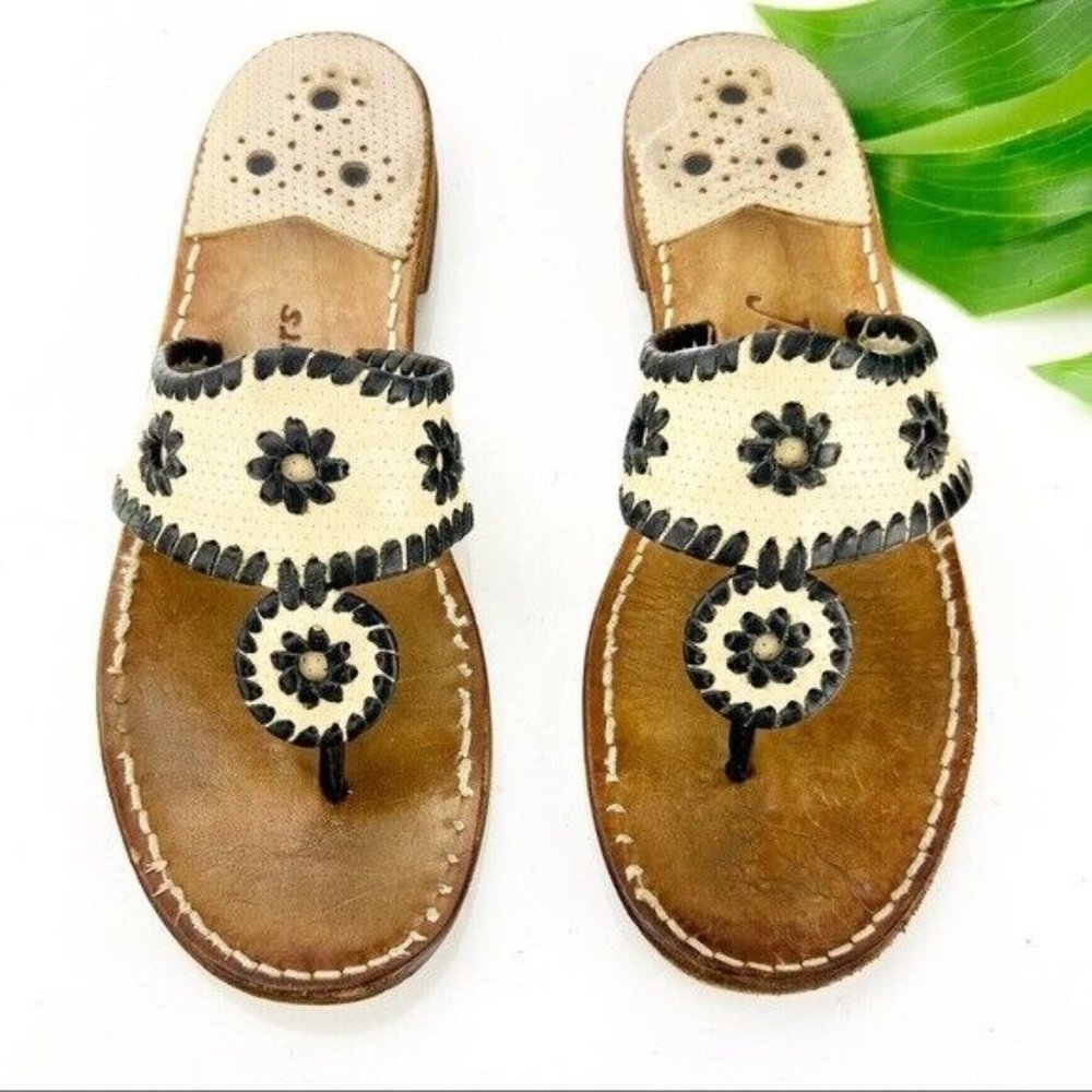 Jack Rogers Sandal Slide Women's Size 8 Flat Thong Beige Black Leather Flip Flop